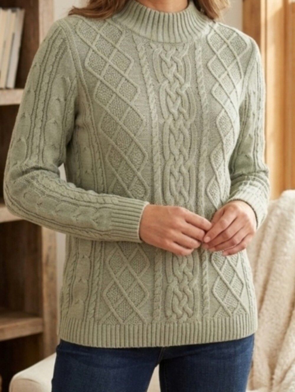 Cable Knit Mock Neck Sweater Sage Green, Large Jeanne Pierre Preppy Cottagecore
